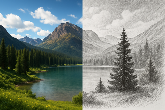Create a half photo half pencil drawing of a landscape