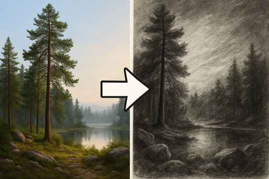 Create a half photo half realistic and detailed charcoal drawing of a landscape with an arrow starting on the photo pointing to the drawings