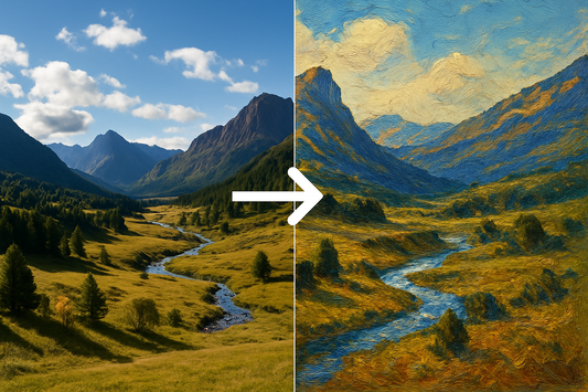 Create a half photo half realistic and detailed oil painting of a landscape with an arrow starting on the photo pointing to the drawings