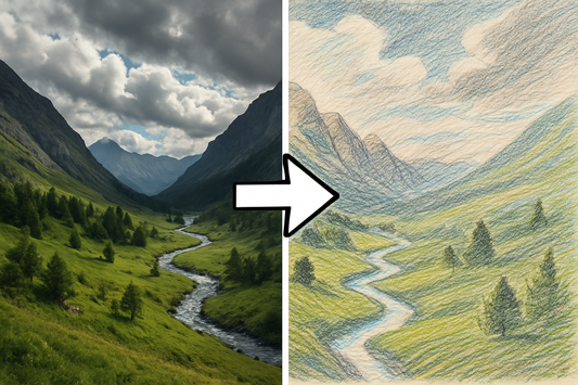 Create a half photo half realistic color pencil drawing of a landscape with an arrow starting on the photo pointing to the drawings